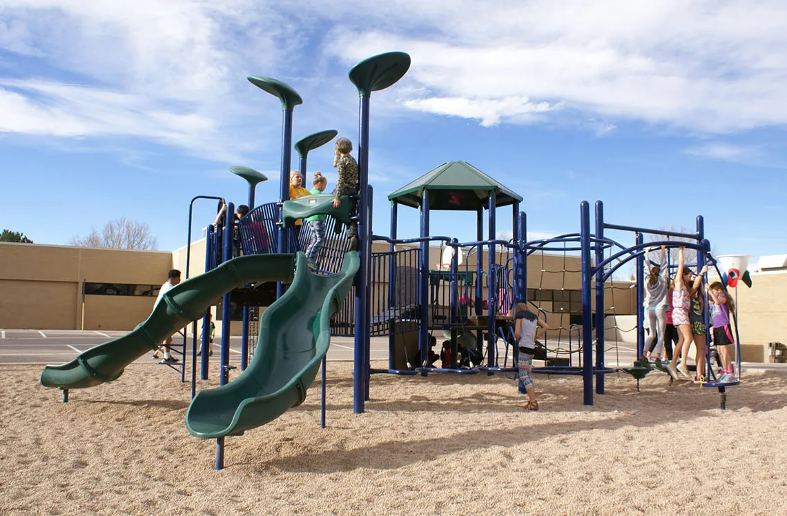 Large outdoor play equipment at Cottonwood Creek Elementary in Greenwood Village, CO